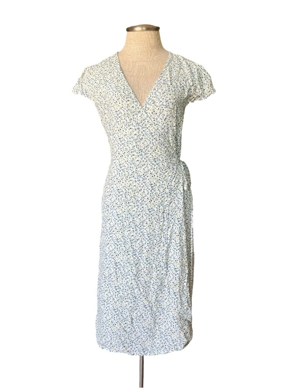 Brandy Melville Floral Wrap Dress V-Neck Cap Sleeve White Blue Green One Size